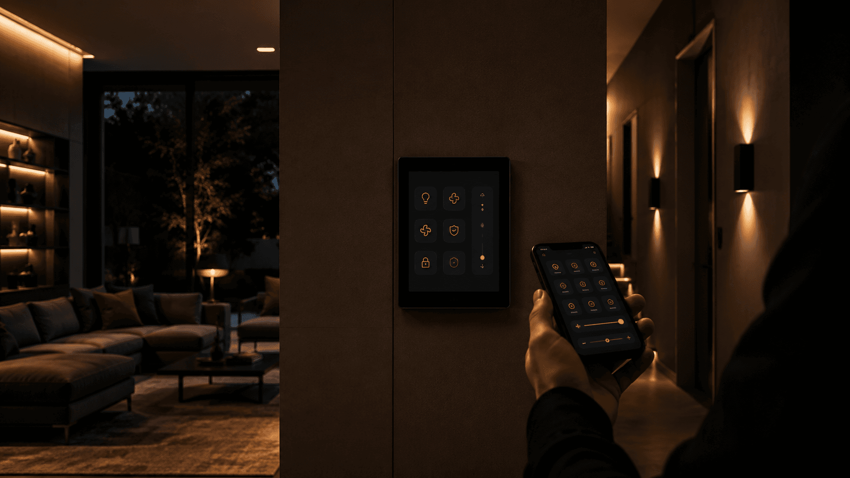 Écran mural domotique et smartphone dans un intérieur connecté Nova Light